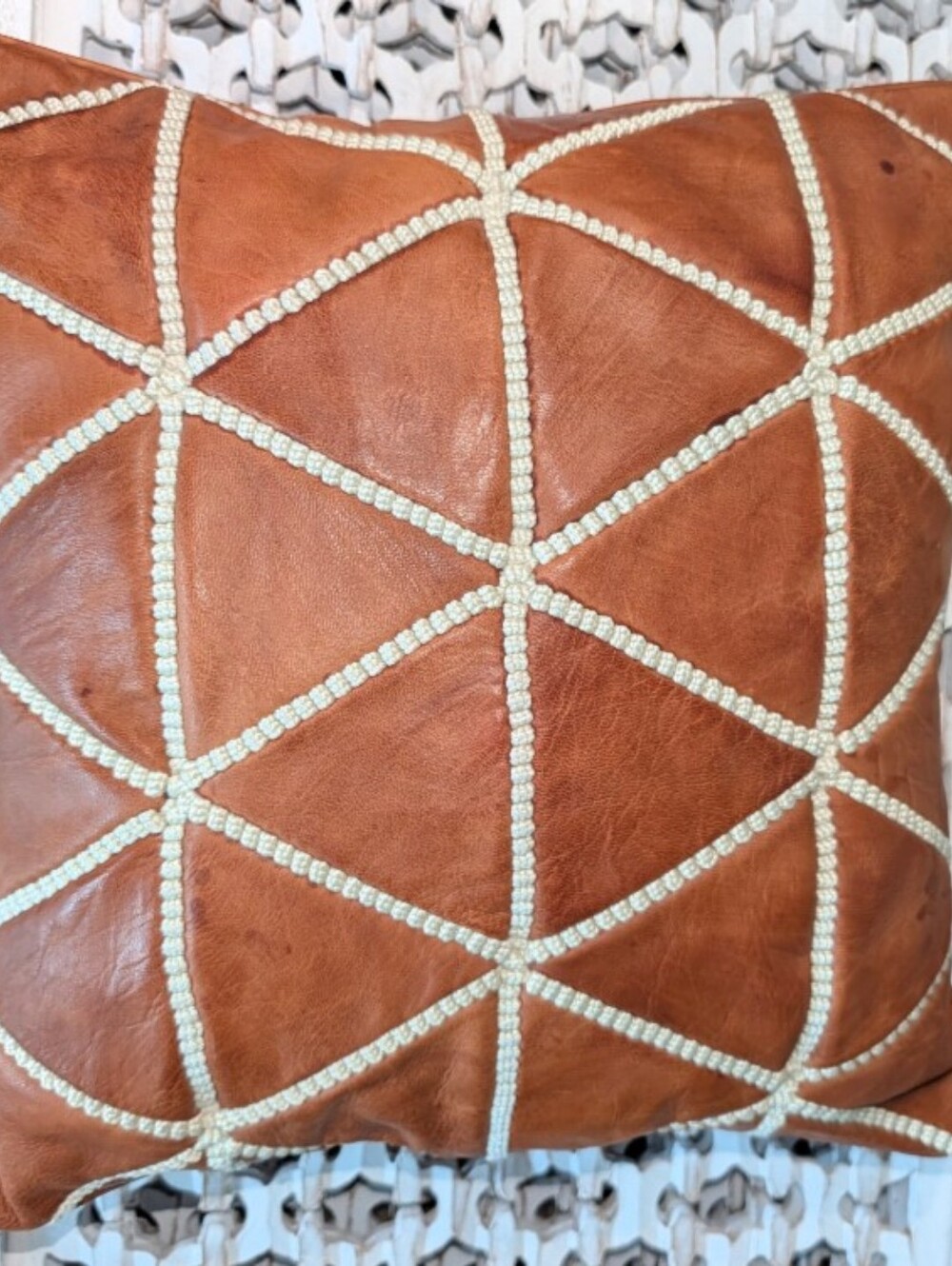 Handcrafted Morrocan Tan Leather Accent Pillow with Cream Embroidery 15 X 15